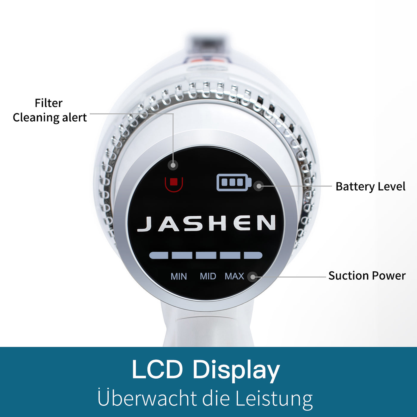 JASHEN S16X Kabelloser Staubsauger (80 Minuten Laufzeit, 350W, 2.500 mAh wechselbarer Lithium-Ionen-Akku, LED-Anzeige, 3-Gang-Modus)