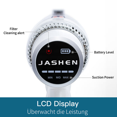 JASHEN S16X Kabelloser Staubsauger (80 Minuten Laufzeit, 350W, 2.500 mAh wechselbarer Lithium-Ionen-Akku, LED-Anzeige, 3-Gang-Modus)